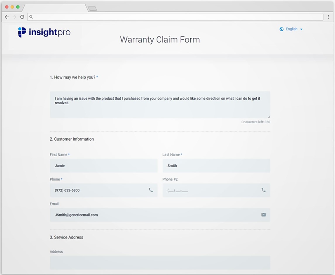 InsightPro Online Warranty Claim Form for Customers and Dealers